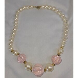 Vintage Faux Pearl Ceramic Bead Statement Necklace Pearl Pink Gold 20 inch